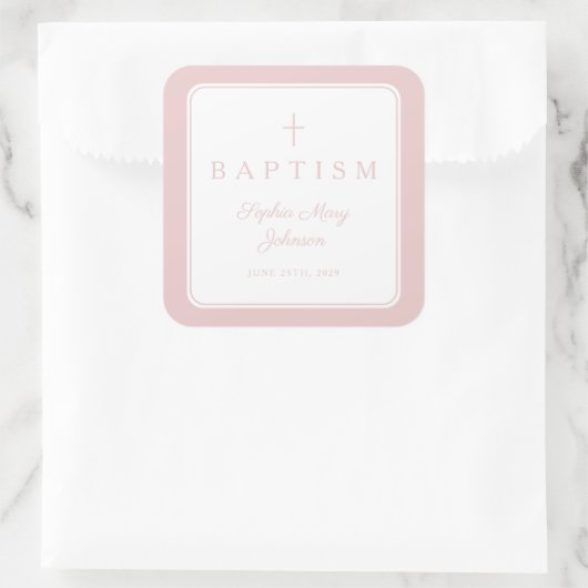 Elegant Pink Religious Cross Boy Baptism  スクエアシール (バッグ)
