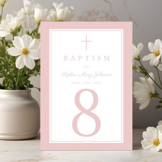 Elegant Pink Religious Cross Girl Baptism テーブルナンバー