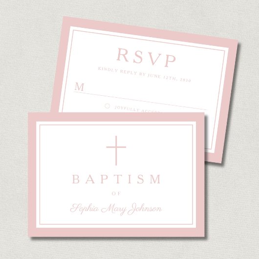 Elegant Pink Religious Cross Girl Baptism 出欠カード
