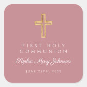 Elegant Pink Religious Cross Girl First Communion  スクエアシール (正面)