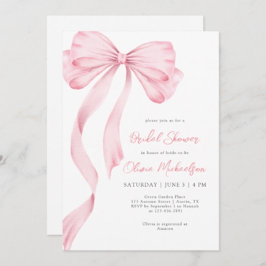 Elegant Pink Ribbon Bow Coquette Bridal Shower 招待状 (正面/裏面)