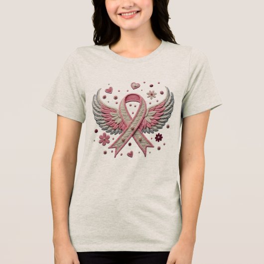 Elegant Pink Ribbon with Angel Wings Embroidery  トライブレンドＴシャツ (正面)