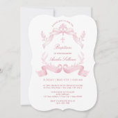 Elegant Pink Ribbons Baptism Invitation 招待状 (正面)