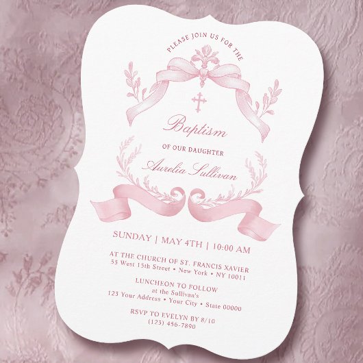 Elegant Pink Ribbons Baptism Invitation 招待状