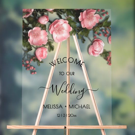 Elegant Pink Romantic 3D Roses Wedding アクリルサイン (ニュートラル)