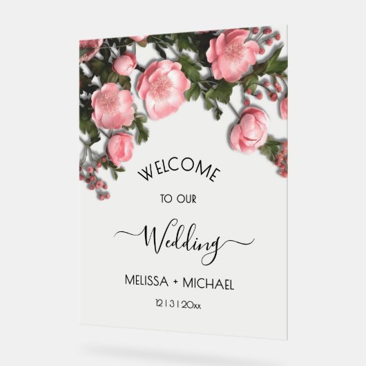 Elegant Pink Romantic 3D Roses Wedding アクリルサイン (傾斜)