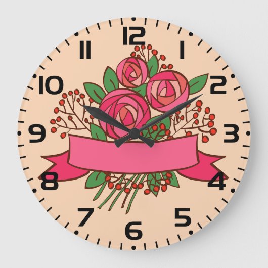 Elegant Pink Rose Floral Bouquet ラージ壁時計 (正面)