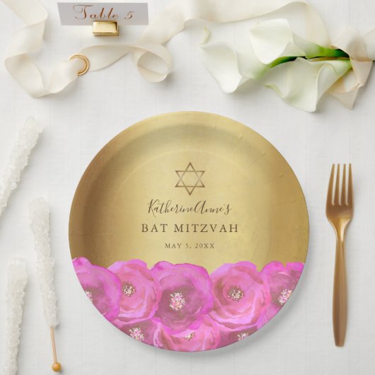 Elegant Pink Rose Floral Gold Bat Mitzvah ペーパープレート (ウェディング)