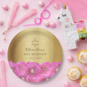Elegant Pink Rose Floral Gold Bat Mitzvah ペーパープレート (パーティー)