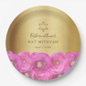 Elegant Pink Rose Floral Gold Bat Mitzvah ペーパープレート (正面)
