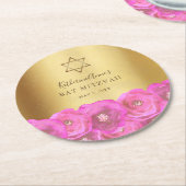 Elegant  Pink Rose Floral Gold Bat Mitzvah ラウンドペーパーコースター (アングル)