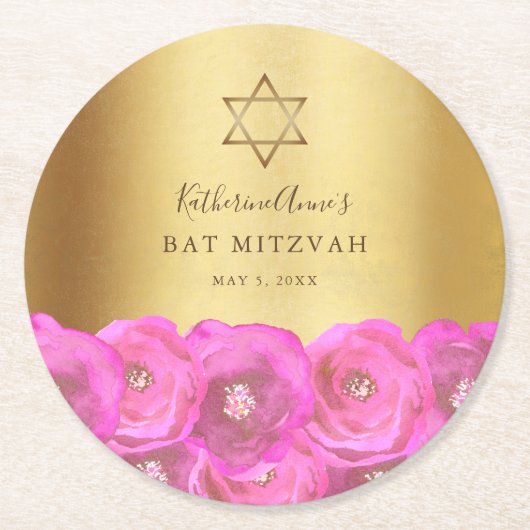 Elegant  Pink Rose Floral Gold Bat Mitzvah ラウンドペーパーコースター (正面)