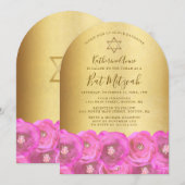 Elegant Pink Rose Floral Gold Bat Mitzvah 招待状 (正面/裏面)
