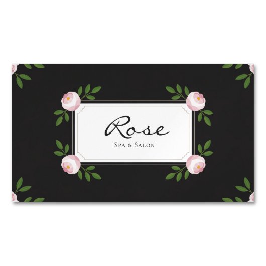 Elegant Pink Rose Floral on Black マグネット名刺 (正面)