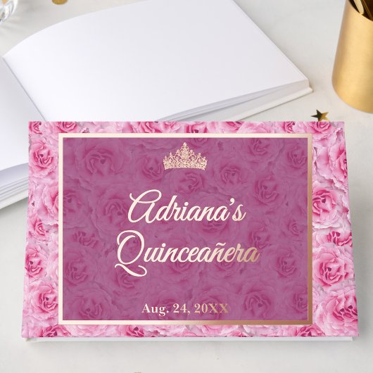 Elegant Pink Rose Gold Floral Quinceanera ゲストブック