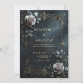 Elegant Pink Rose Silver Leaf Frame Wedding 招待状 (正面)