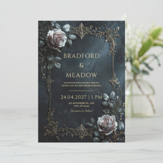 Elegant Pink Rose Silver Leaf Frame Wedding 招待状 (スタンド正面)