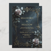 Elegant Pink Rose Silver Leaf Frame Wedding 招待状 (正面/裏面)