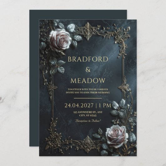 Elegant Pink Rose Silver Leaf Frame Wedding 招待状 (正面/裏面)