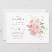 Elegant Pink Rose Watercolor Golden Floral Wedding 招待状 (正面)