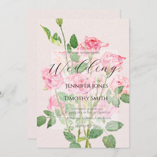 elegant pink rose wedding 招待状 (正面/裏面)