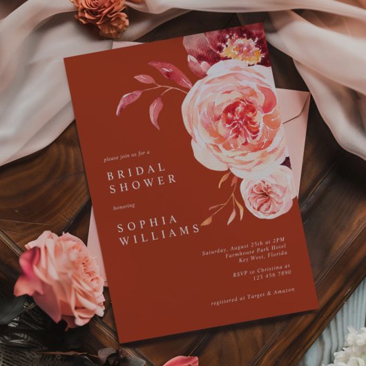 Elegant Pink Roses Bridal Shower Invitation 招待状