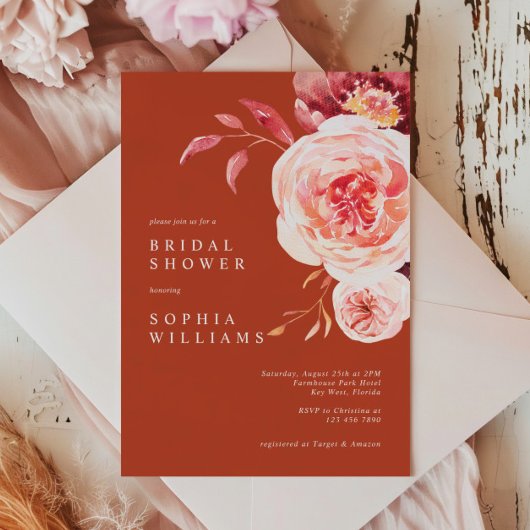 Elegant Pink Roses Bridal Shower Invitation 招待状