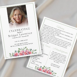 Elegant Pink Roses Celebrating Life Of - Funeral プログラム