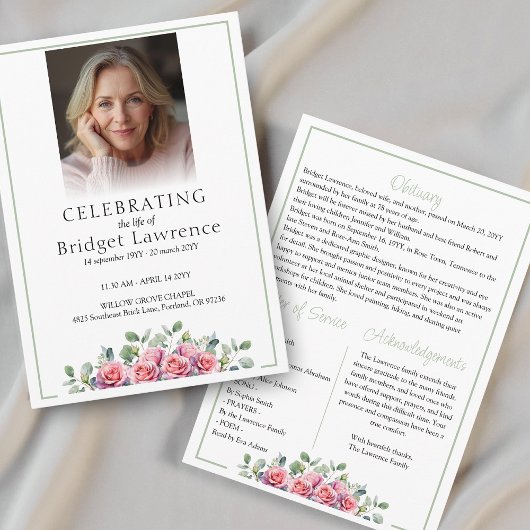 Elegant Pink Roses Celebrating Life Of - Funeral プログラム