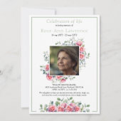 Elegant Pink Roses Eucalyptus Green Photo Funeral 招待状 (正面)