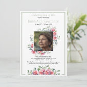 Elegant Pink Roses Eucalyptus Green Photo Funeral 招待状 (スタンド正面)