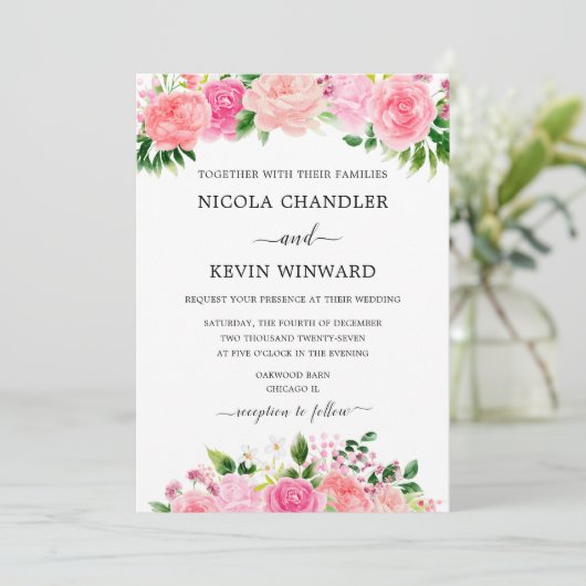 Elegant Pink Roses Floral Wedding 招待状 (スタンド正面)