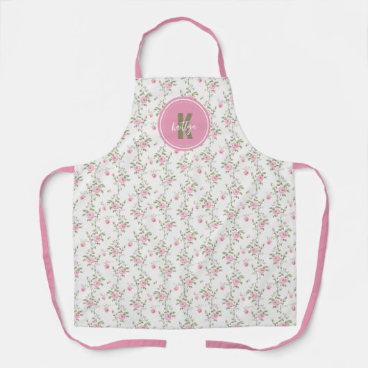  Elegant Pink Roses Flowers Pattern Monogram エプロン (正面)