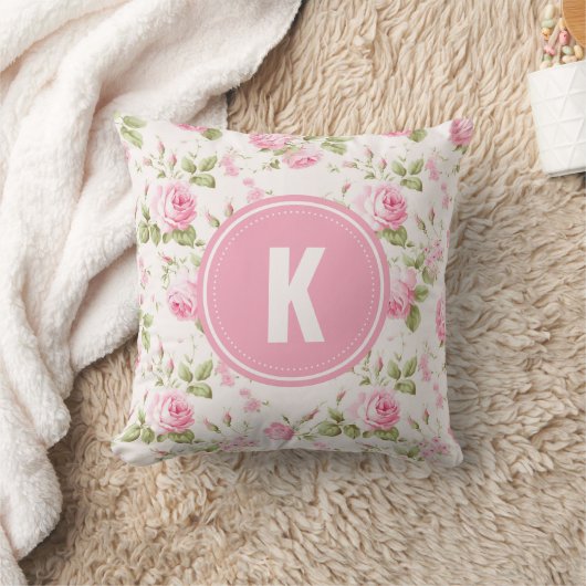 Elegant Pink Roses Flowers Pattern Monogram クッション (ブランケット)