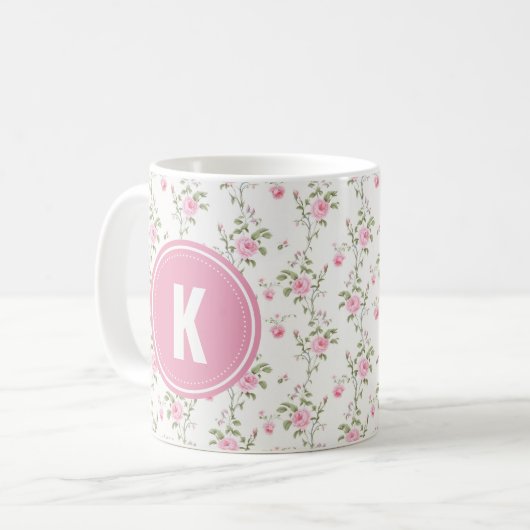 Elegant Pink Roses Flowers Pattern Monogram コーヒーマグカップ (正面左)
