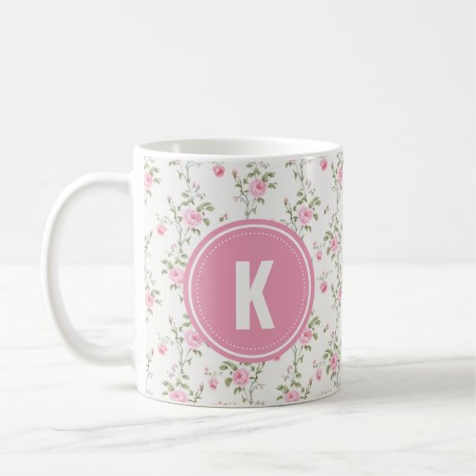 Elegant Pink Roses Flowers Pattern Monogram コーヒーマグカップ (左)