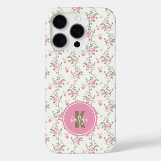 Elegant Pink Roses Flowers Pattern Monogram Case-Mate iPhoneケース (裏面)