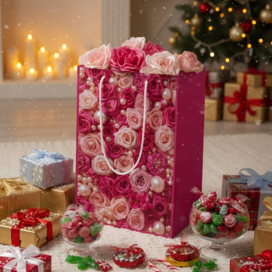 Elegant Pink Roses Gift Bag ミディアムペーパーバッグ