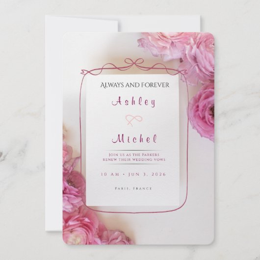 Elegant Pink Roses Paris Vow Renewal Invitation 招待状 (正面)