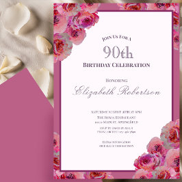 Elegant Pink Roses Women's 90th Birthday  招待状