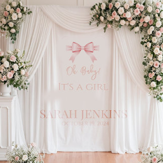 Elegant Pink Satin Bow Girl Baby Shower Backdrop タペストリー