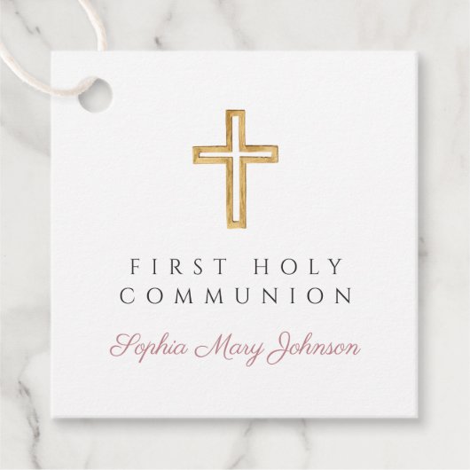 Elegant Pink Script Cross Girl First Communion フェイバータグ (正面)