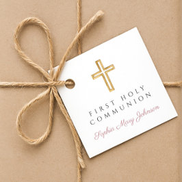 Elegant Pink Script Cross Girl First Communion フェイバータグ