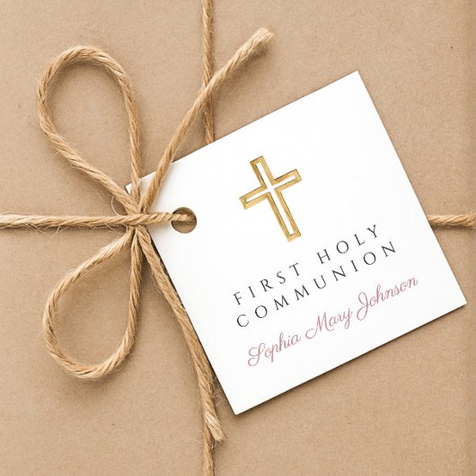 Elegant Pink Script Cross Girl First Communion フェイバータグ