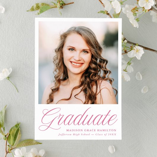 Elegant Pink Script Photo Graduation 案内状