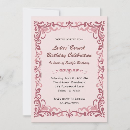 Elegant Pink Scroll Ladies’ Tea Birthday Party 招待状 (正面)