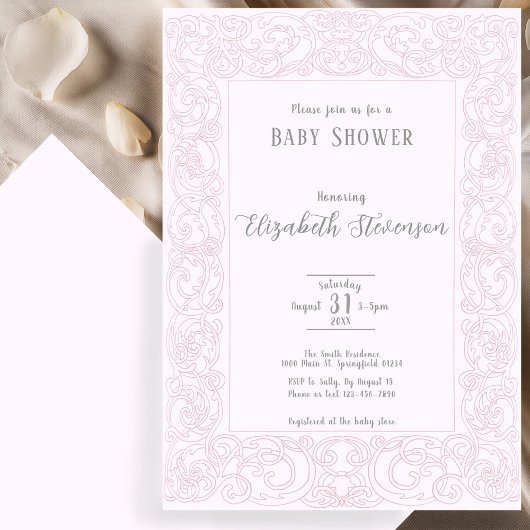 Elegant Pink Scrollwork Baby Shower  招待状