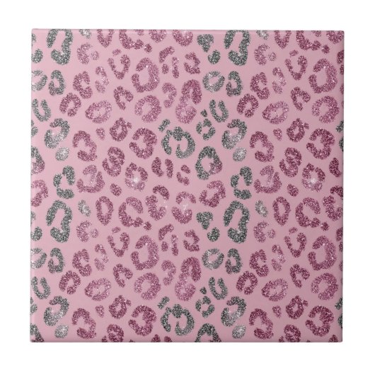 Elegant Pink Silver Glitter Leopard on Rose Gold タイル (正面)