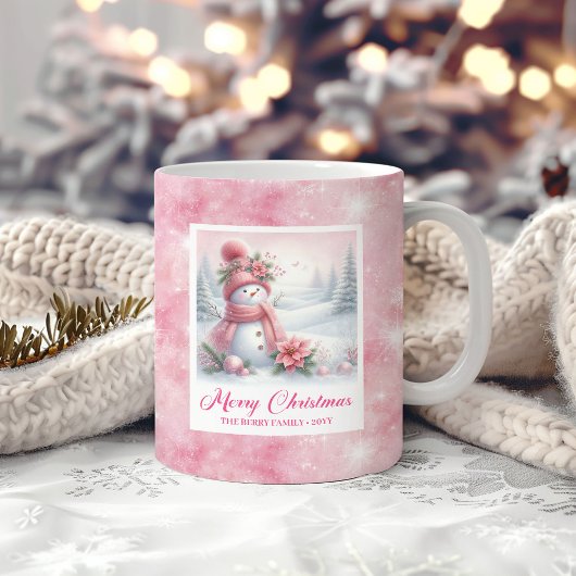 Elegant Pink Snowman Cozy Winter Forest Scene Xmas コーヒーマグカップ