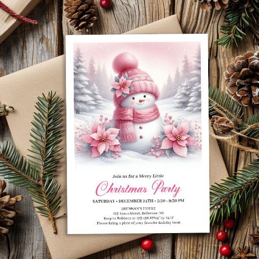 Elegant Pink Snowman Kids Christmas Invite Digital 招待状